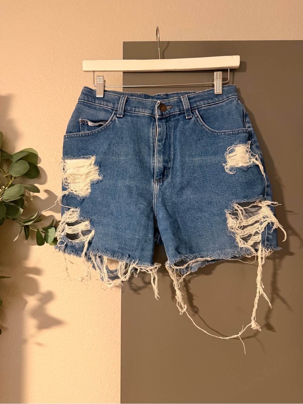 Hand distressed high waisted shorts